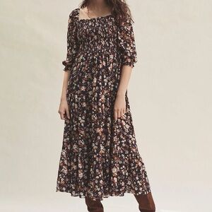 ANN TAYLOR FLORAL SMOCKED PUFF SLEEVE MAXI DRESS